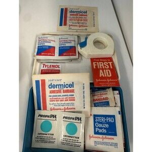 Vintage Johnson & Johnson FIRST AID TRAVEL KIT White & Blue with Supplies USA
